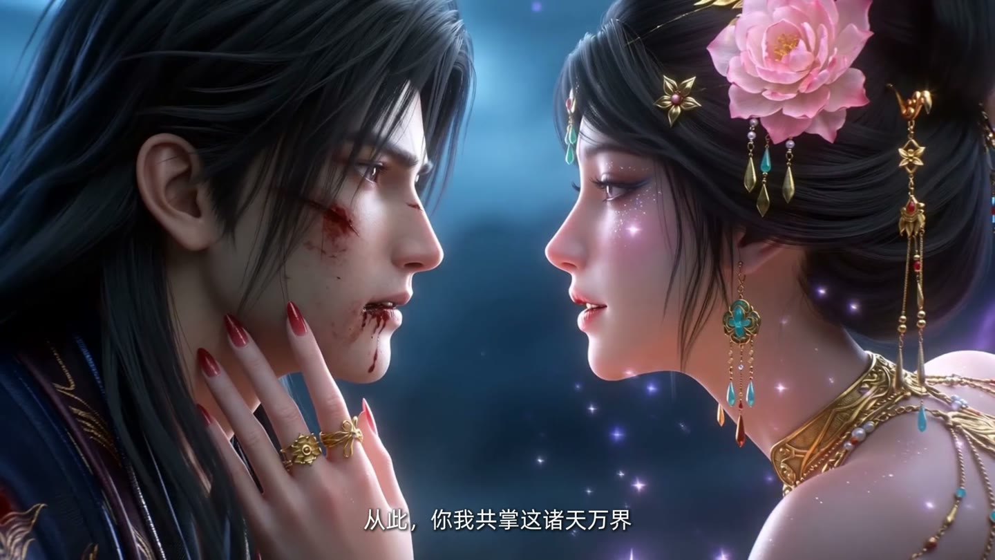 受伤男子与佩戴花饰的女子在花海中对视