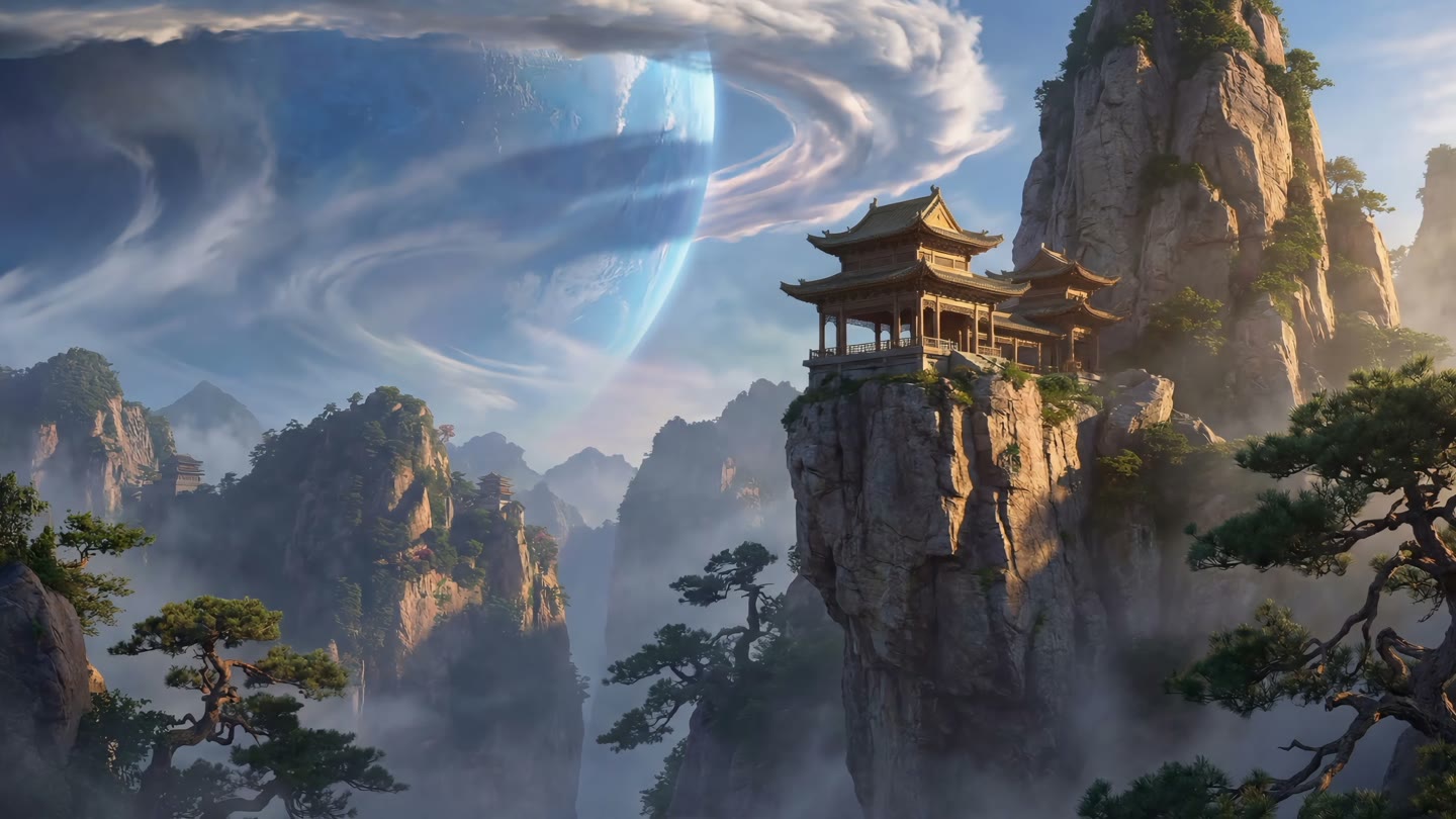 巨型蓝色星球下坐落在山巅的东方古建筑