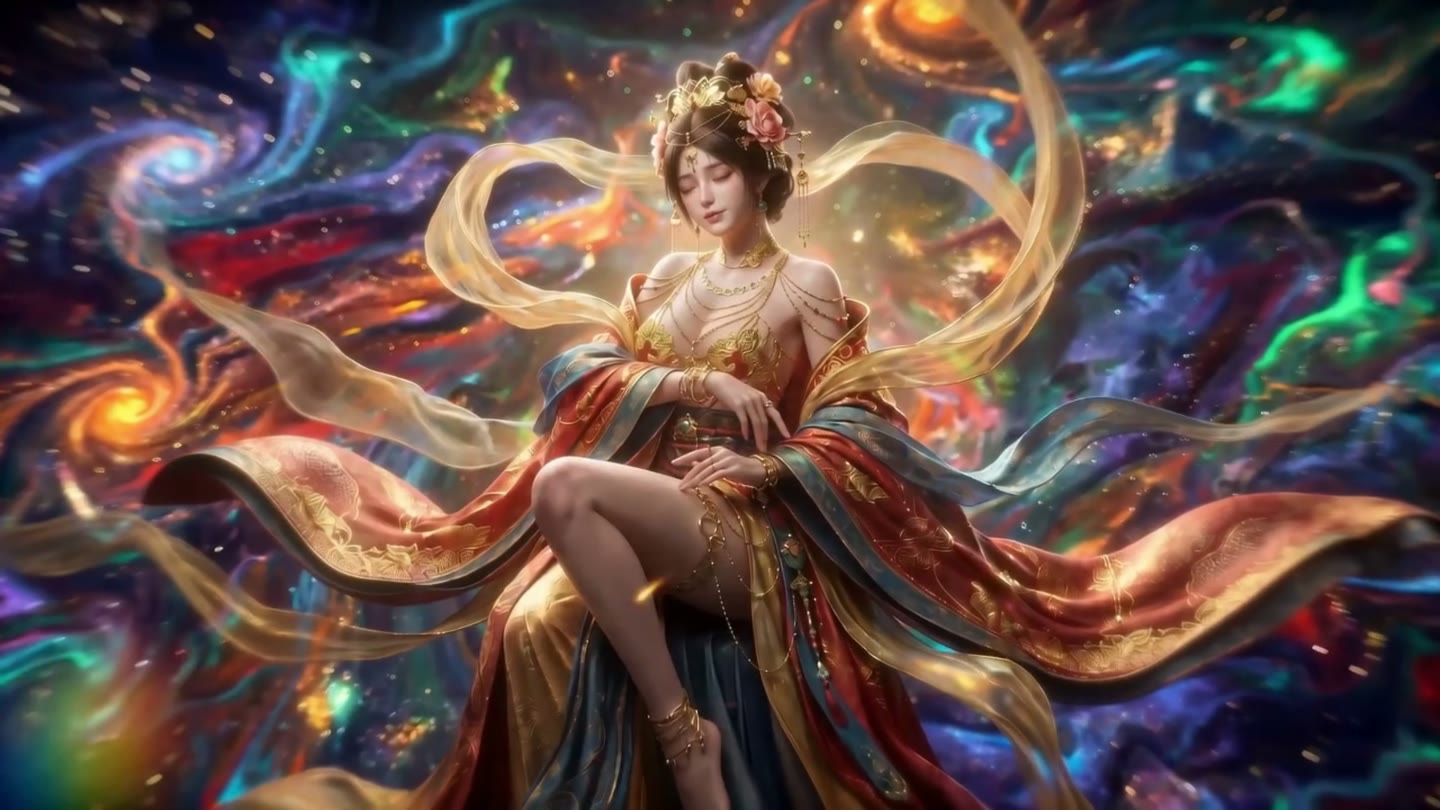 霓裳舞姬端坐在万彩星河与金色流光之间