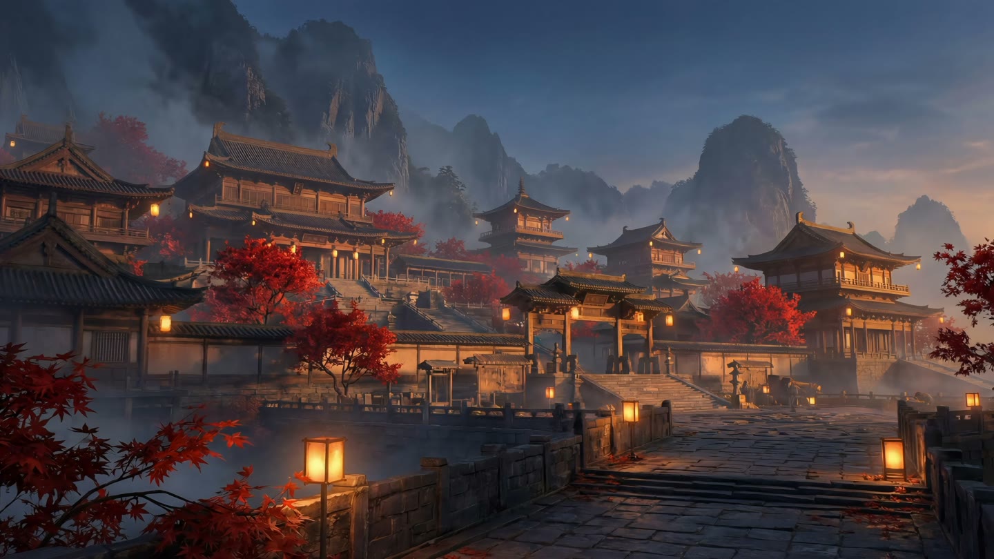暮色群山间亮起灯火的东方山门建筑