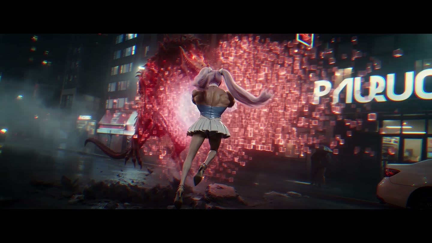 霓虹雨夜中少女被红色能量包围